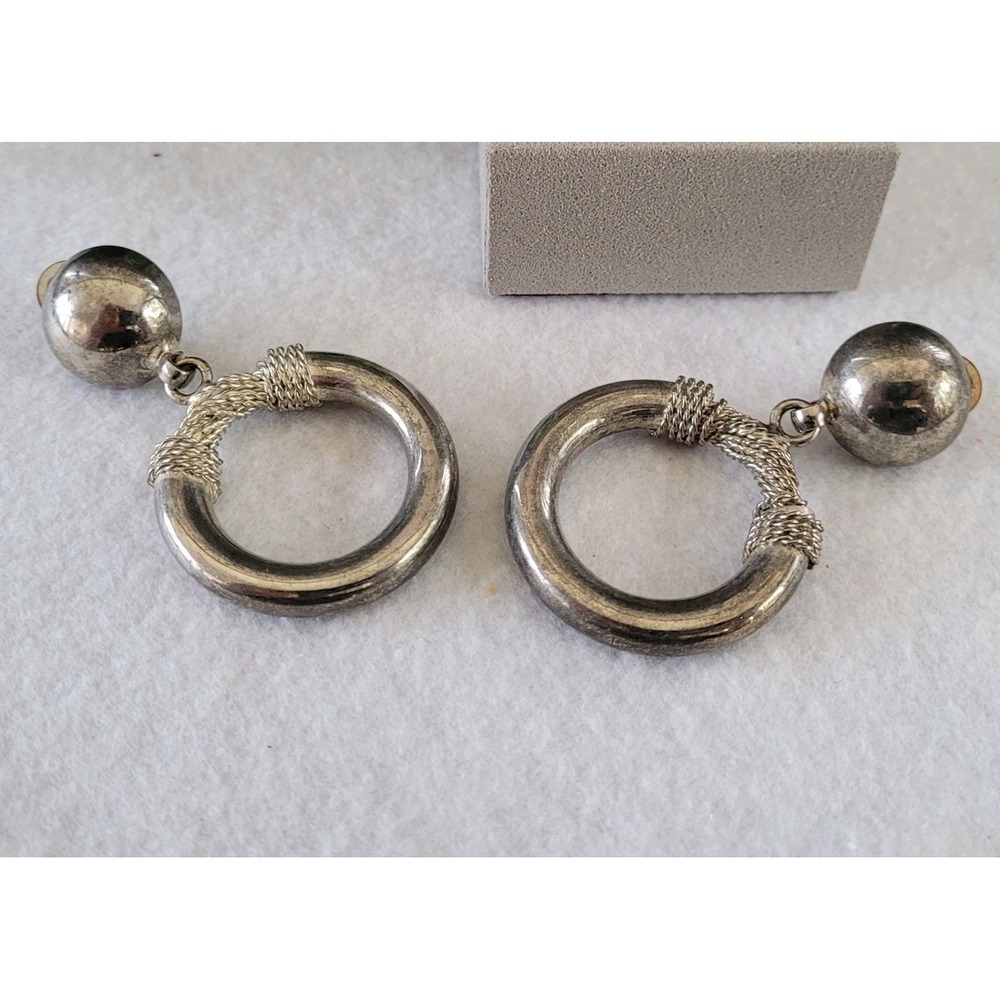 Vintage Silver Tone Wrapped Cable Hoop Dangle Clip Earrings Modernist
